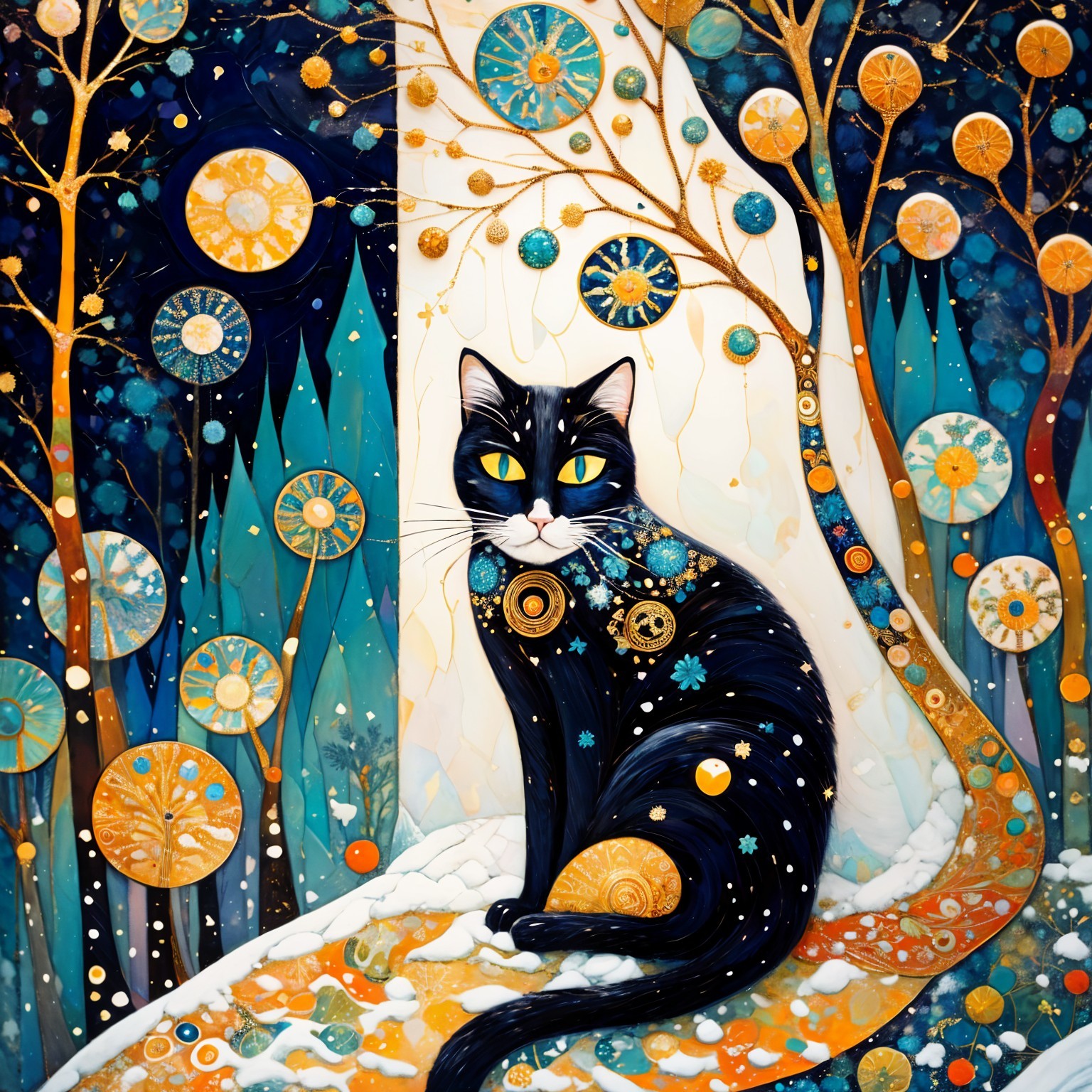 Black Cat in Colorful Whimsical Landscape Scene