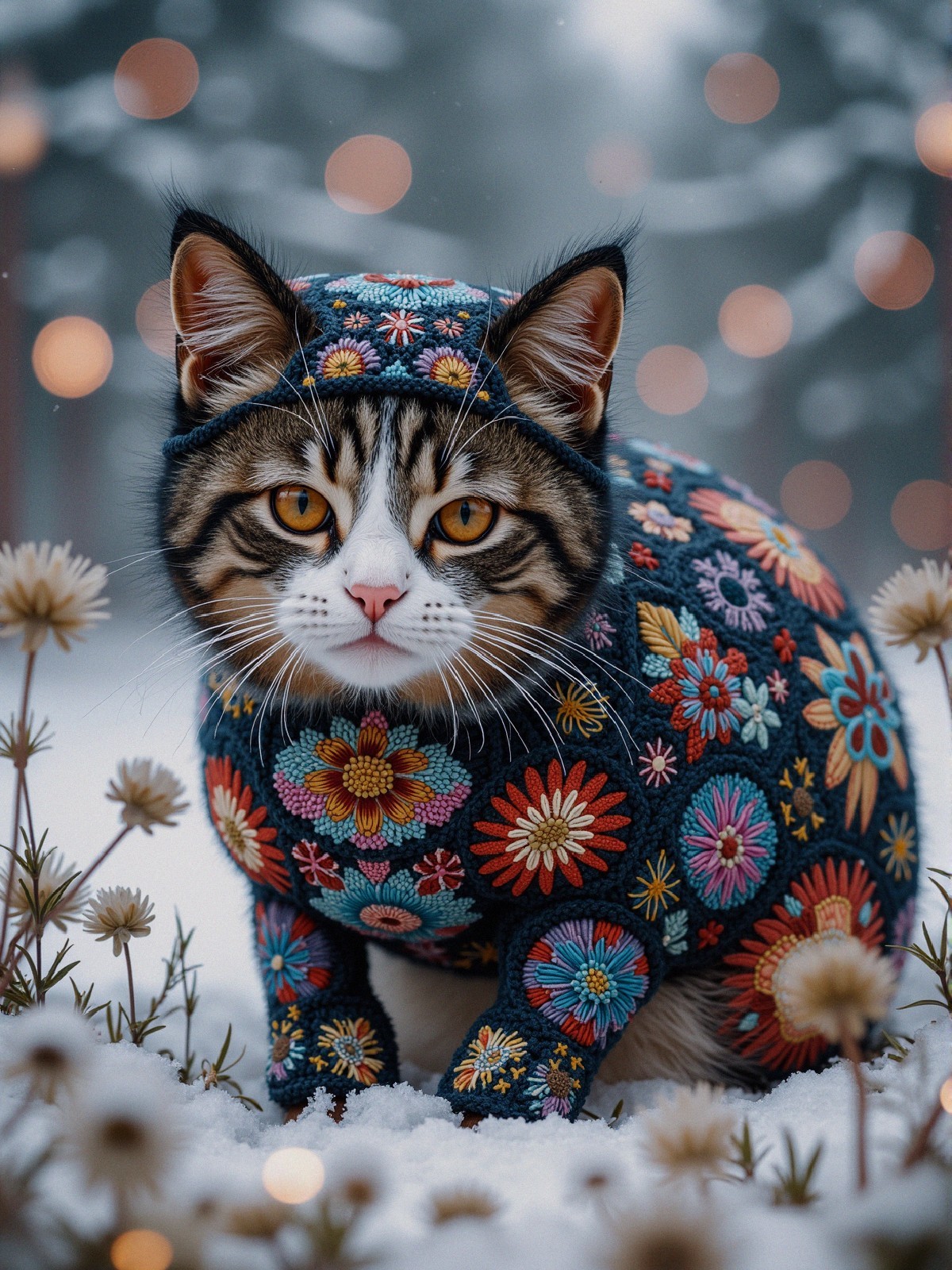 Charming Cat in Colorful Sweater in Snowy Landscape