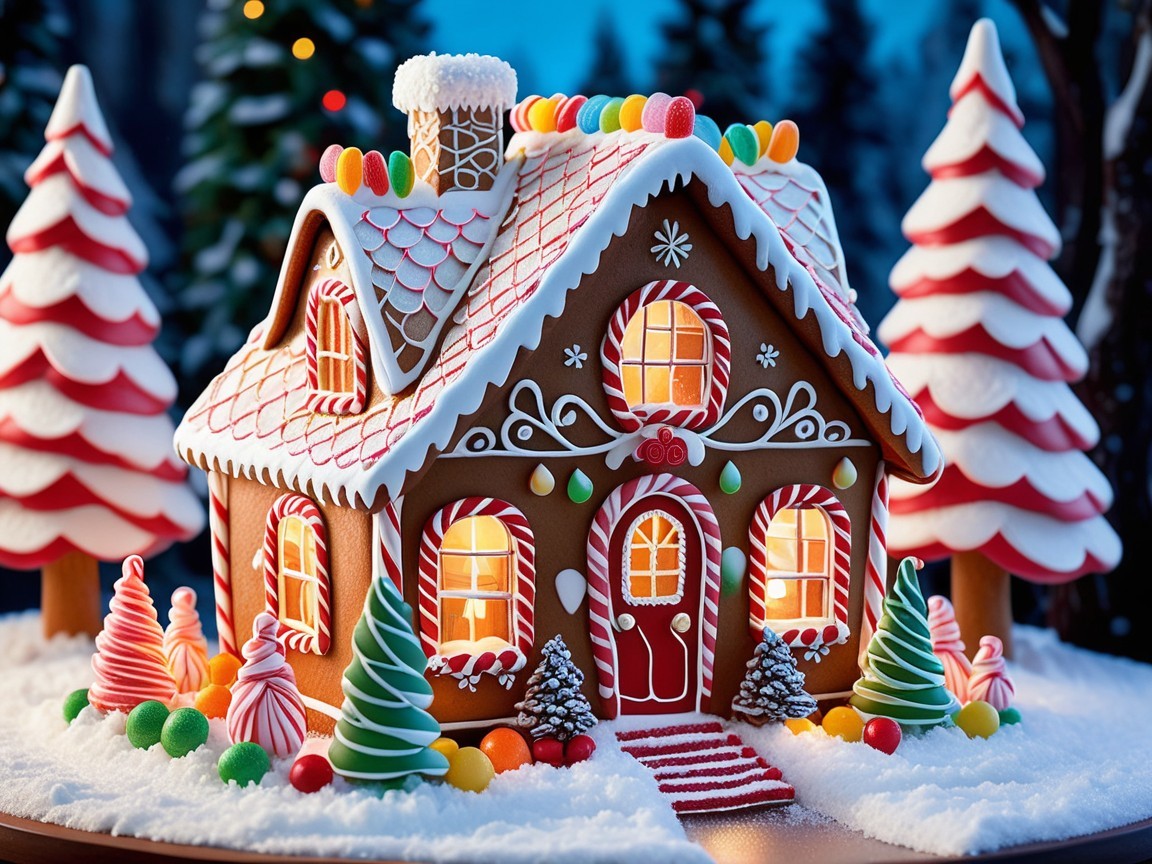 Gingerbread House in Snowy Winter Scene with Candy Decor