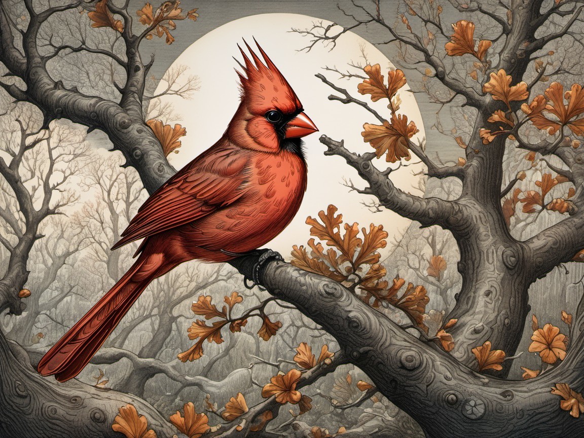 Red Cardinal on Branch with Moonlit Landscape