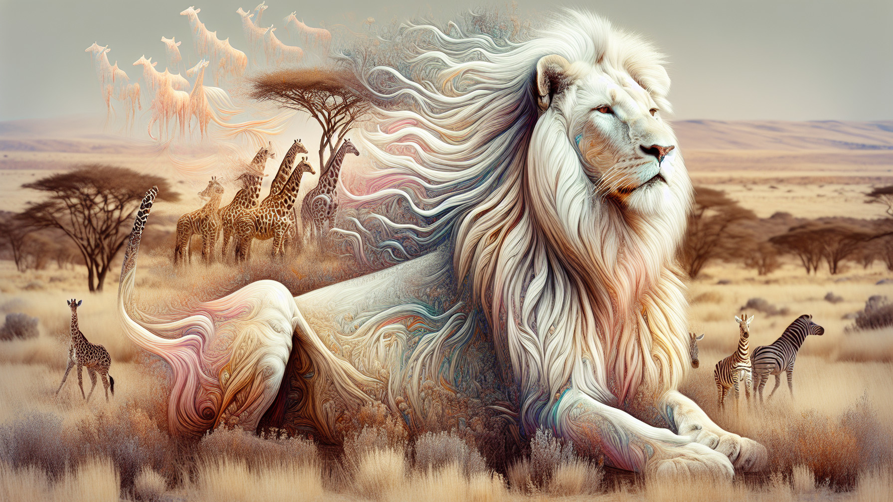 White Lion in Savanna with Giraffes and Zebras