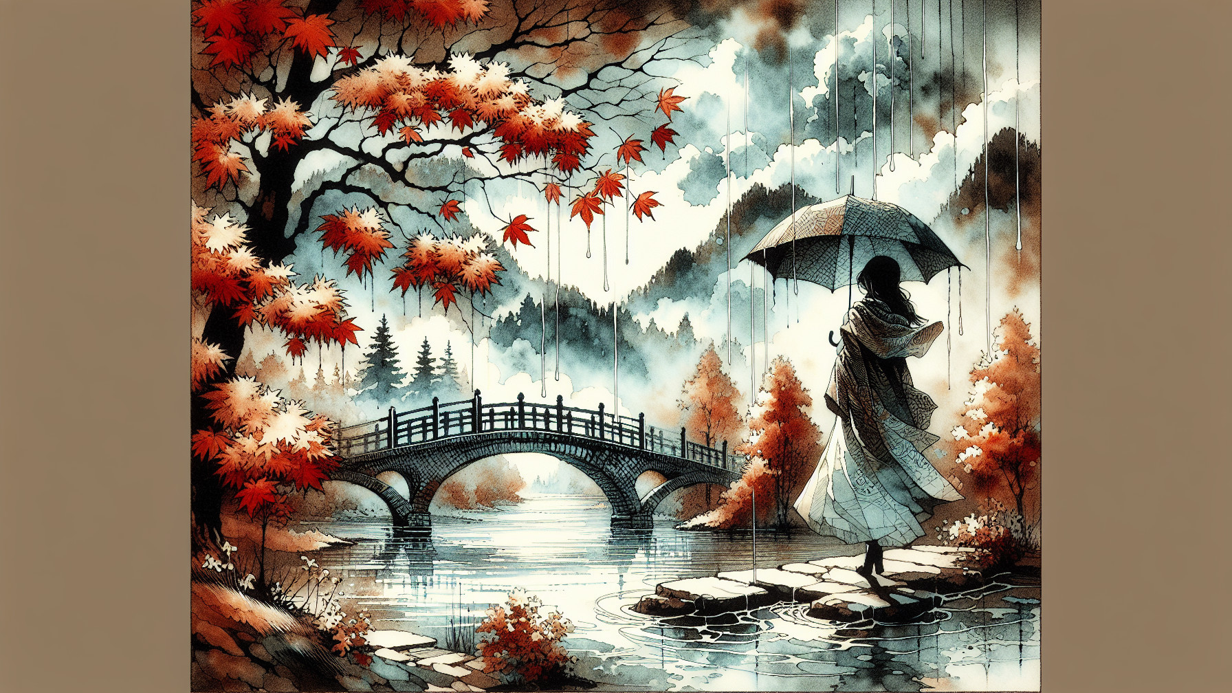 Lone Figure Under Umbrella in Autumn River Scene