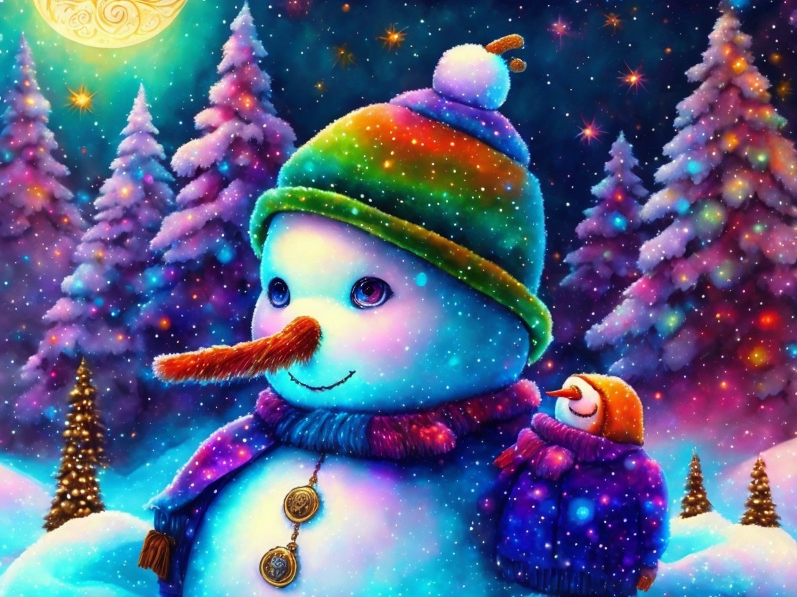 Whimsical Snowman in Colorful Winter Landscape