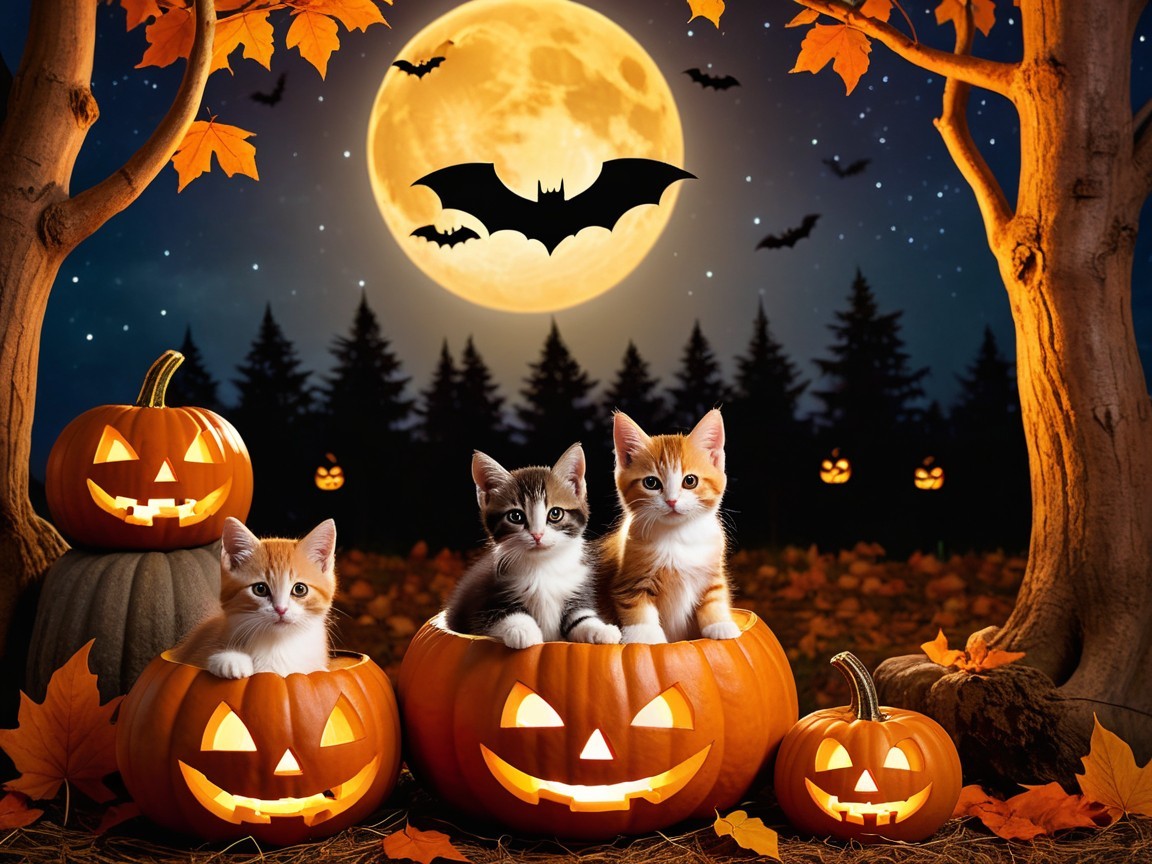 Kittens in Pumpkins Surrounded by Halloween Decor