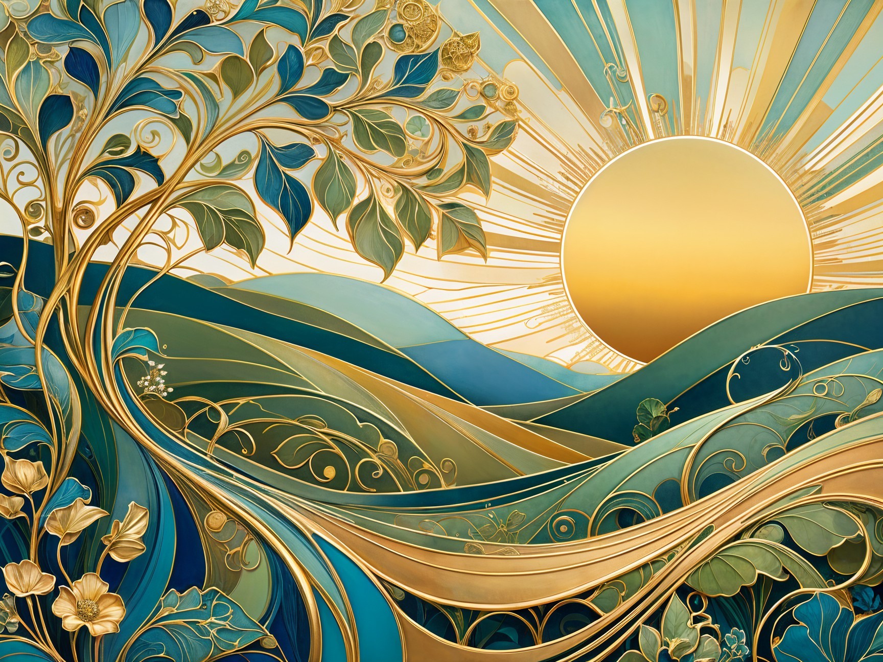 Vibrant Landscape with Hills and Radiant Sun Motifs