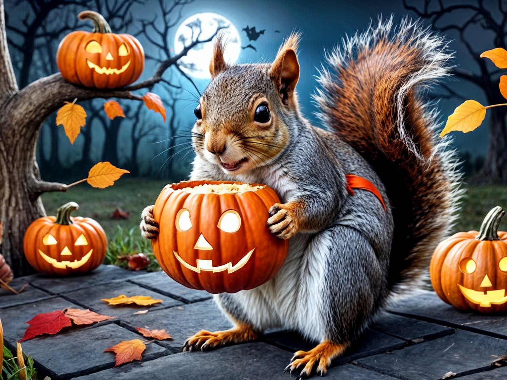 Cheerful Squirrel with Pumpkin in Spooky Night Scene