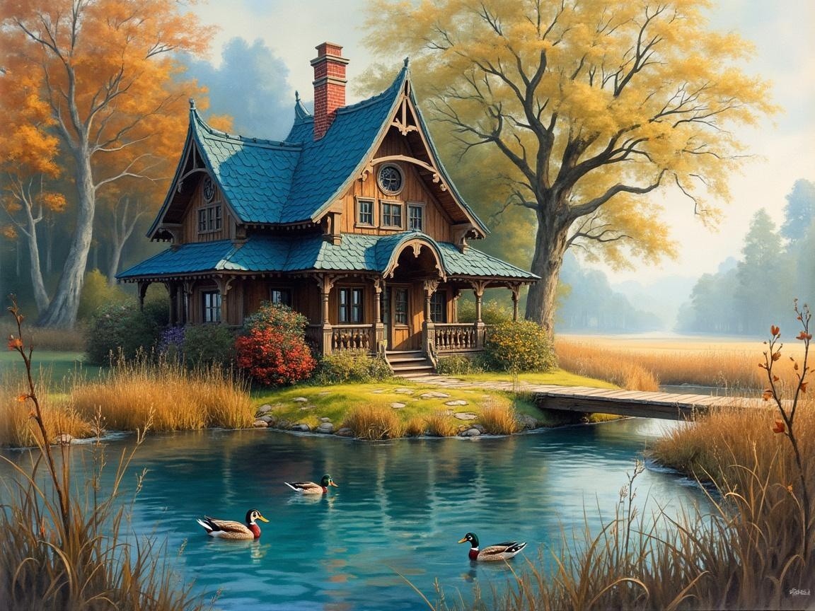 Wooden Cottage by Serene Pond in Autumn Foliage
