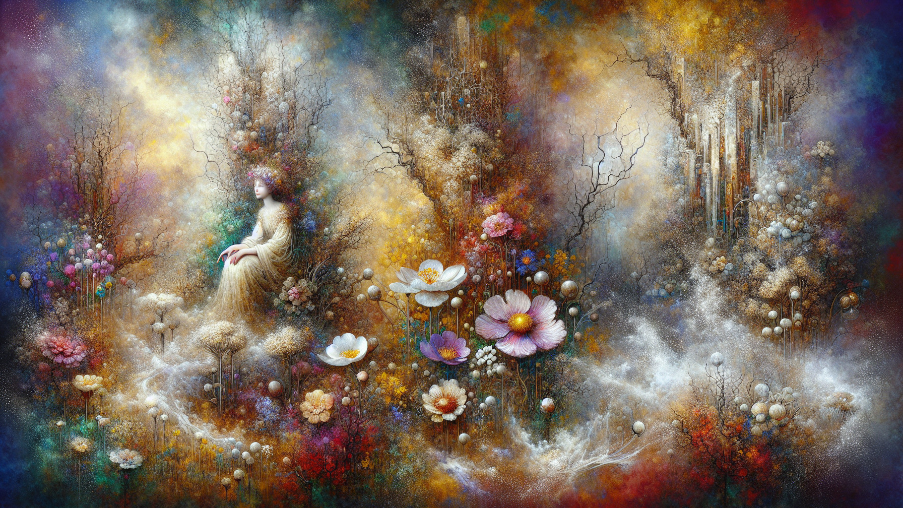 Vibrant Dreamlike Landscape with Serene Figure