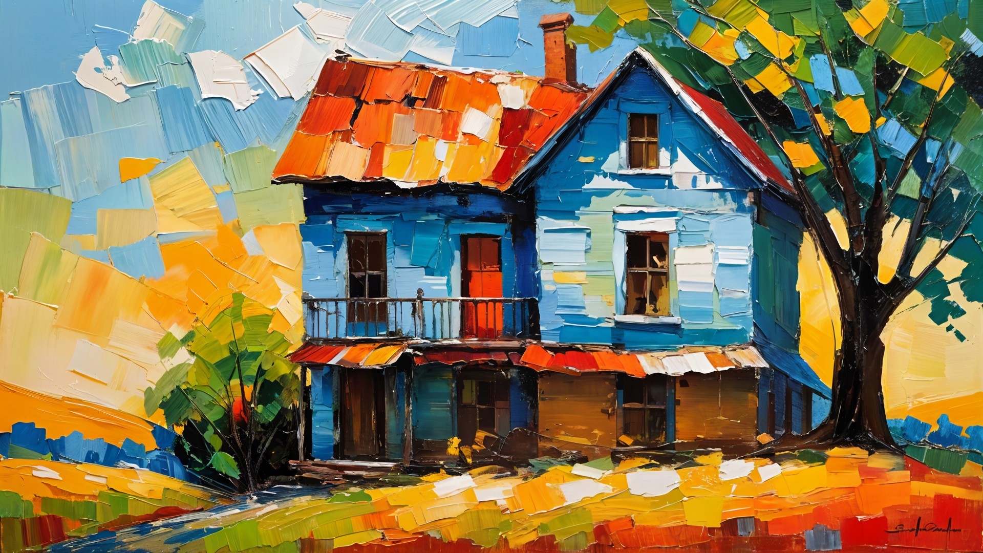 Impressionistic Painting of Blue House with Red Roof