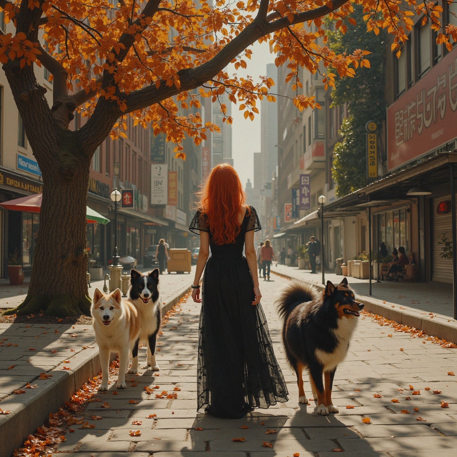 Woman with orange hair and dogs in sunlit street