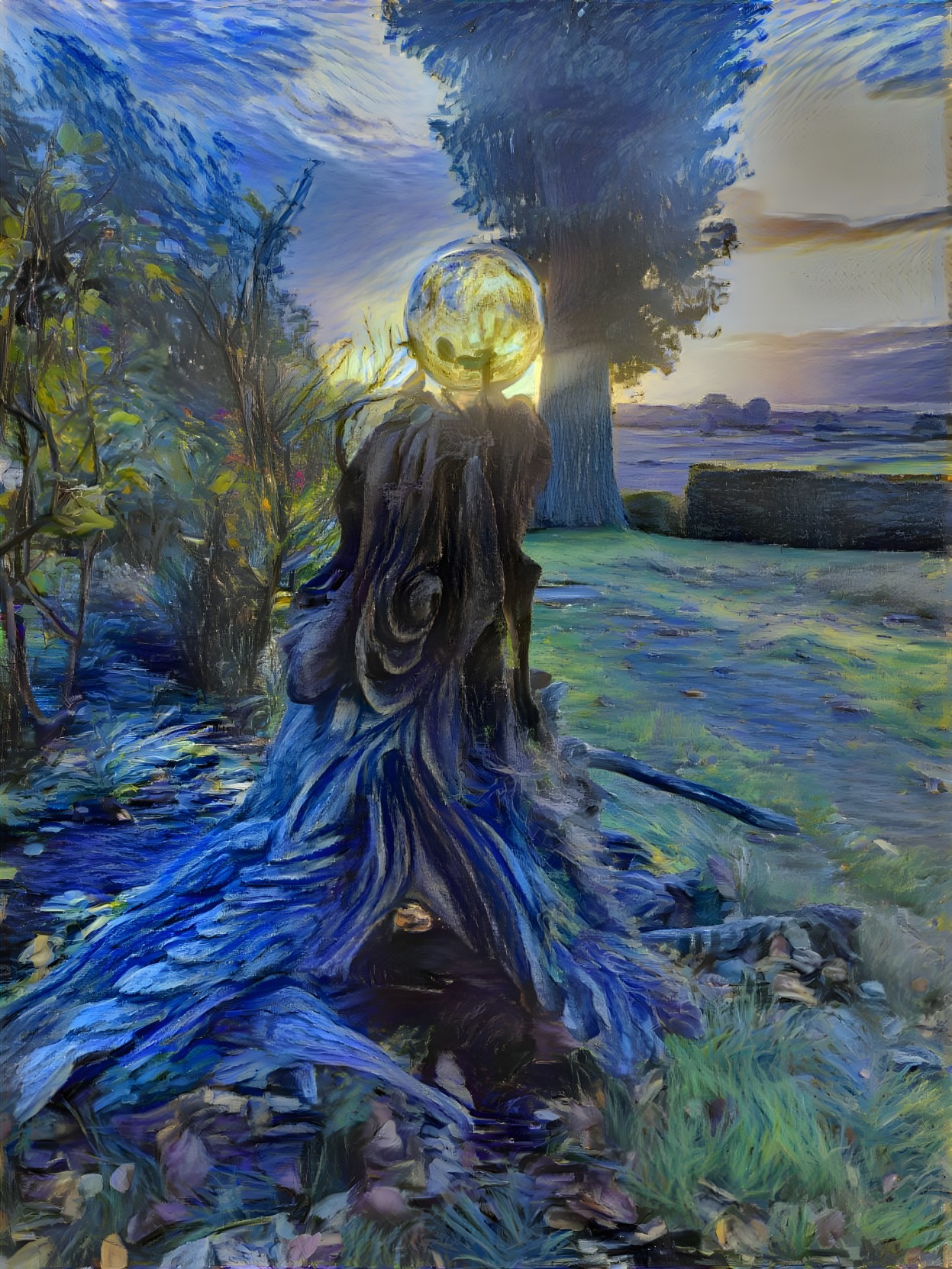 Mystical figure in greenery under a radiant sunset