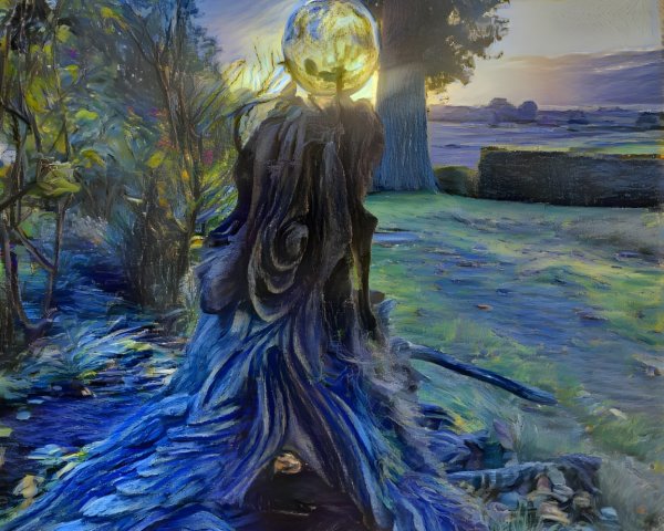Mystical figure in greenery under a radiant sunset