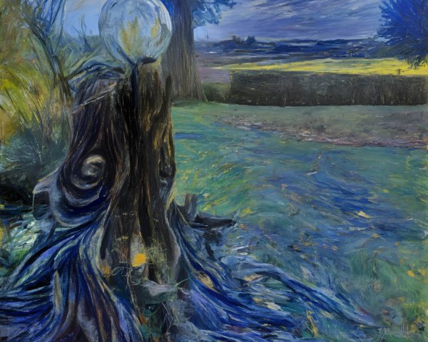 Surreal Landscape with Gnarled Stump and Clear Orb