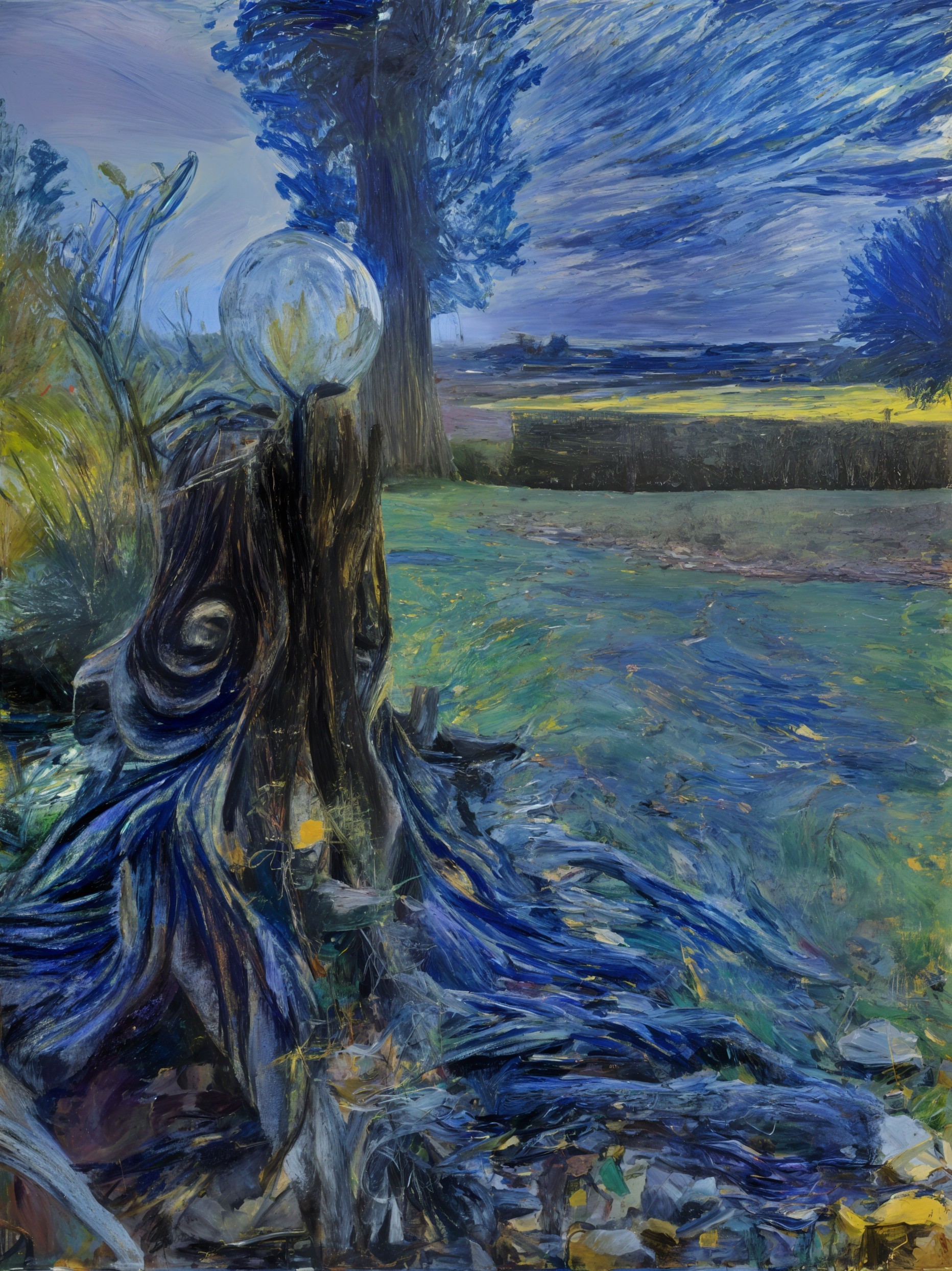 Surreal Landscape with Gnarled Stump and Clear Orb