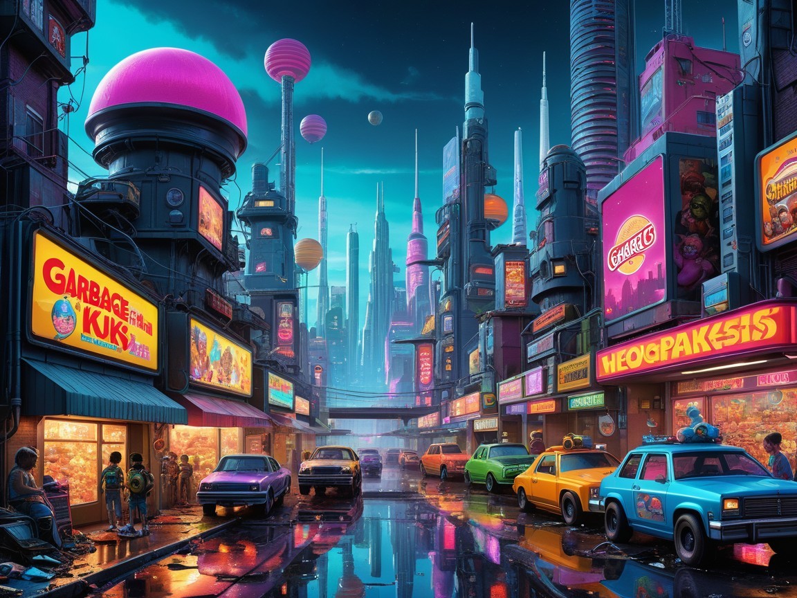 Futuristic cityscape with neon lights and reflections