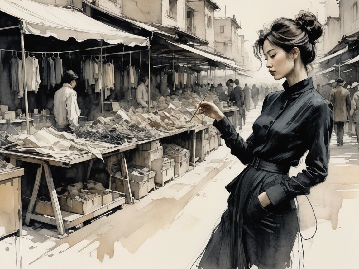 Fashionable Woman in Black Outfit at Busy Market Scene