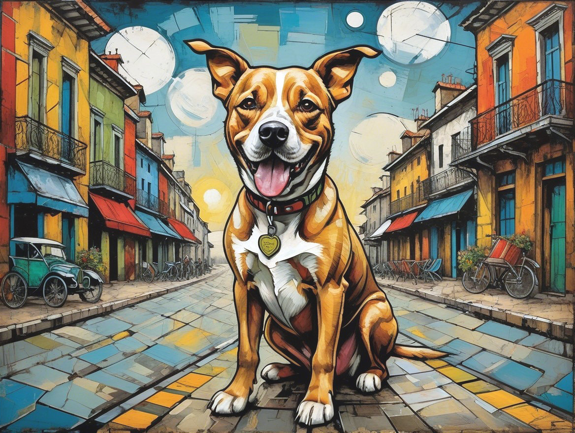 Colorful Illustration of a Dog in a Quaint Street