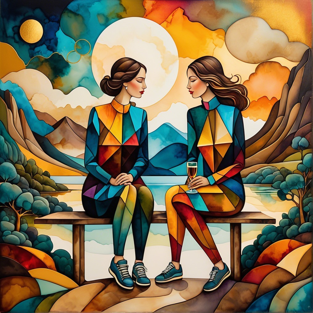 Women on a bench by a serene lake with mountains