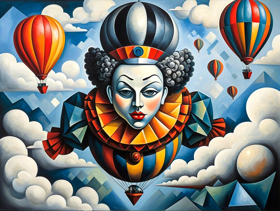 Whimsical Jester Amidst Colorful Hot Air Balloons
