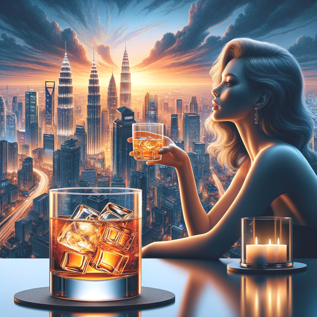 Stylish Woman Enjoys Whiskey at Sunset in Urban Setting