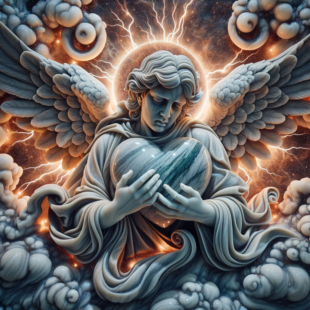 Serene angel with detailed wings and marbled heart