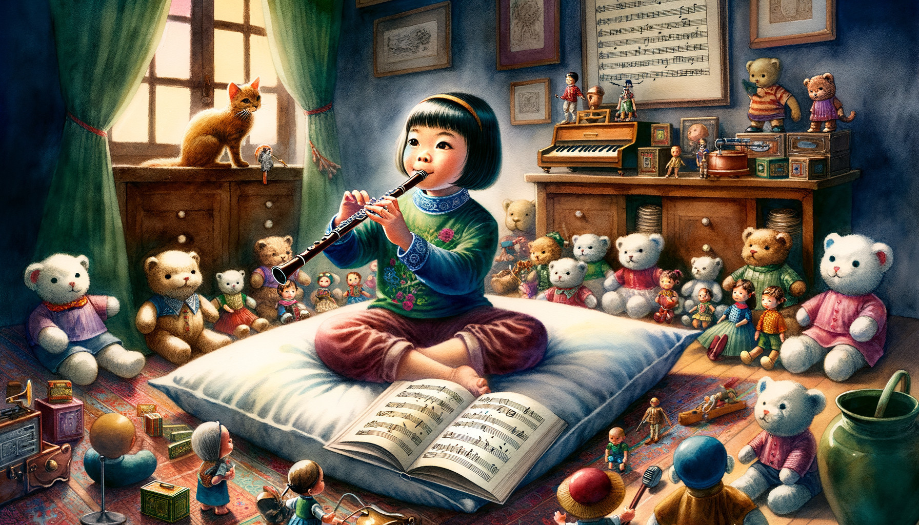 Young girl playing flute in a cozy, toy-filled room