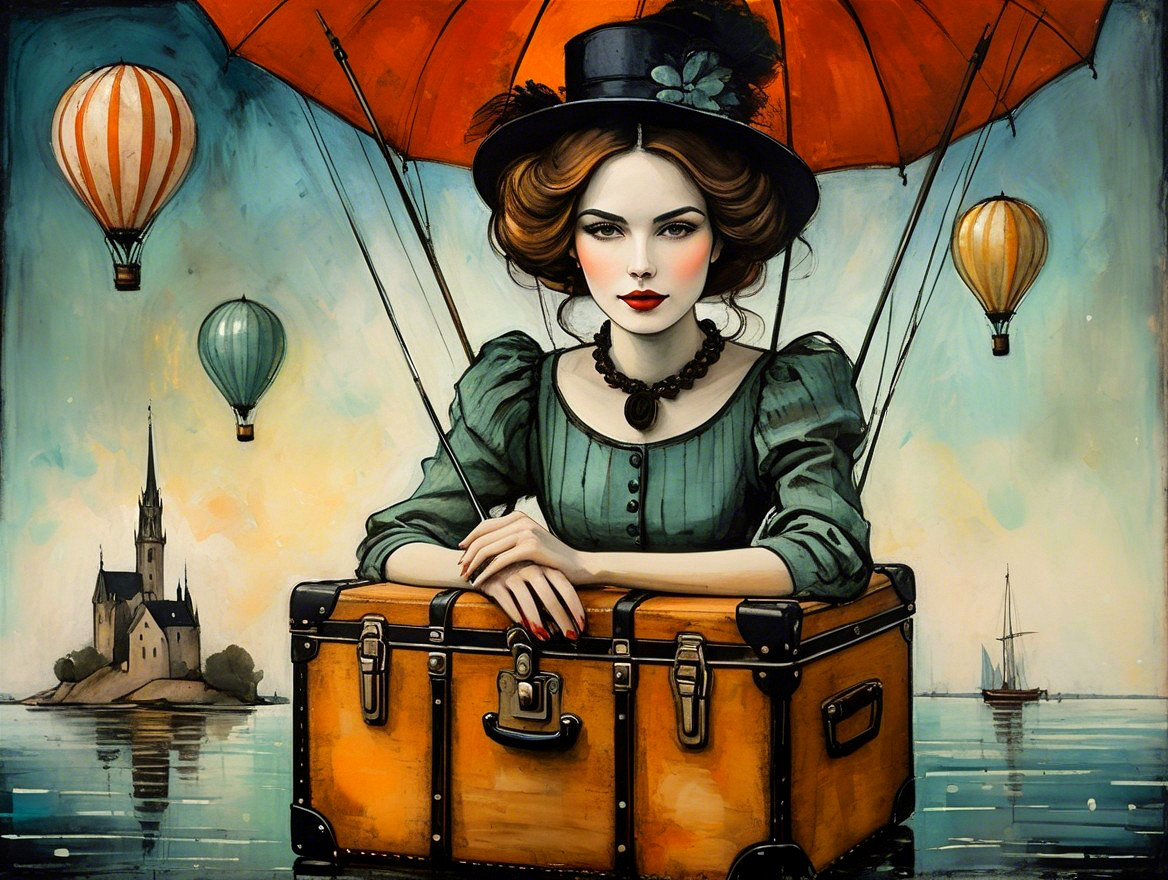 Vintage Fashion with Parasol and Hot Air Balloons