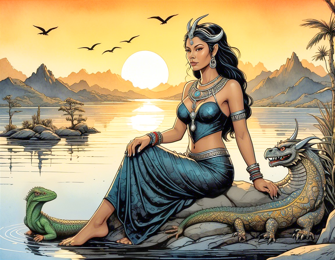 Majestic Woman on Rocky Shoreline at Sunset