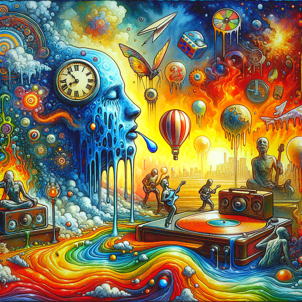 Surreal Landscape with Music and Imaginative Elements