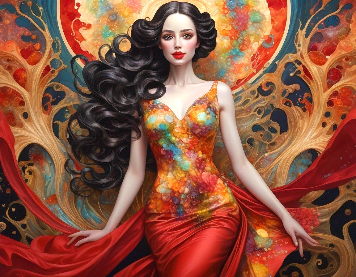 Stunning Woman in Red Gown Against Cosmic Background