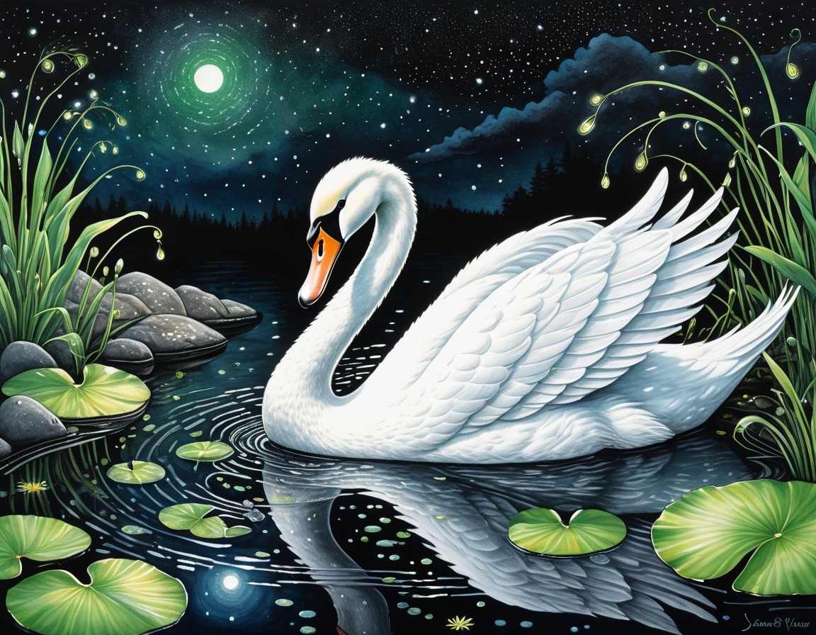 Swan Gliding on Moonlit Pond with Lily Pads and Stars
