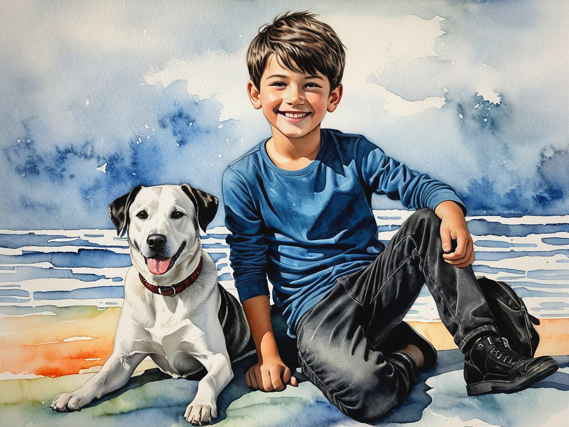 Cheerful Boy and Dog on Sandy Beach Illustration