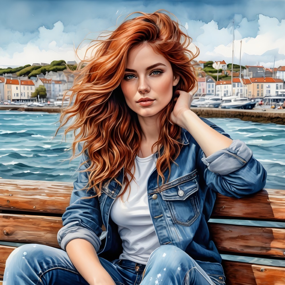 Red-haired woman in denim jacket and jeans on dock by seaside town.