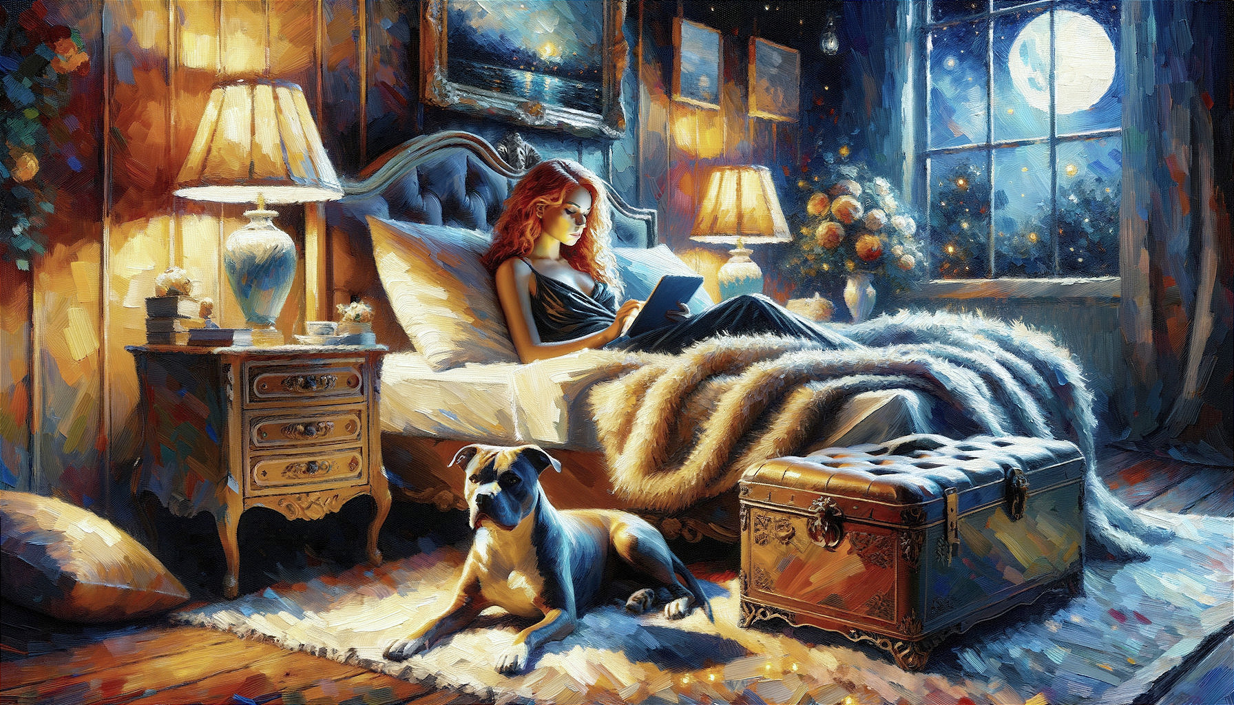 Cozy bedroom scene with woman reading by moonlight