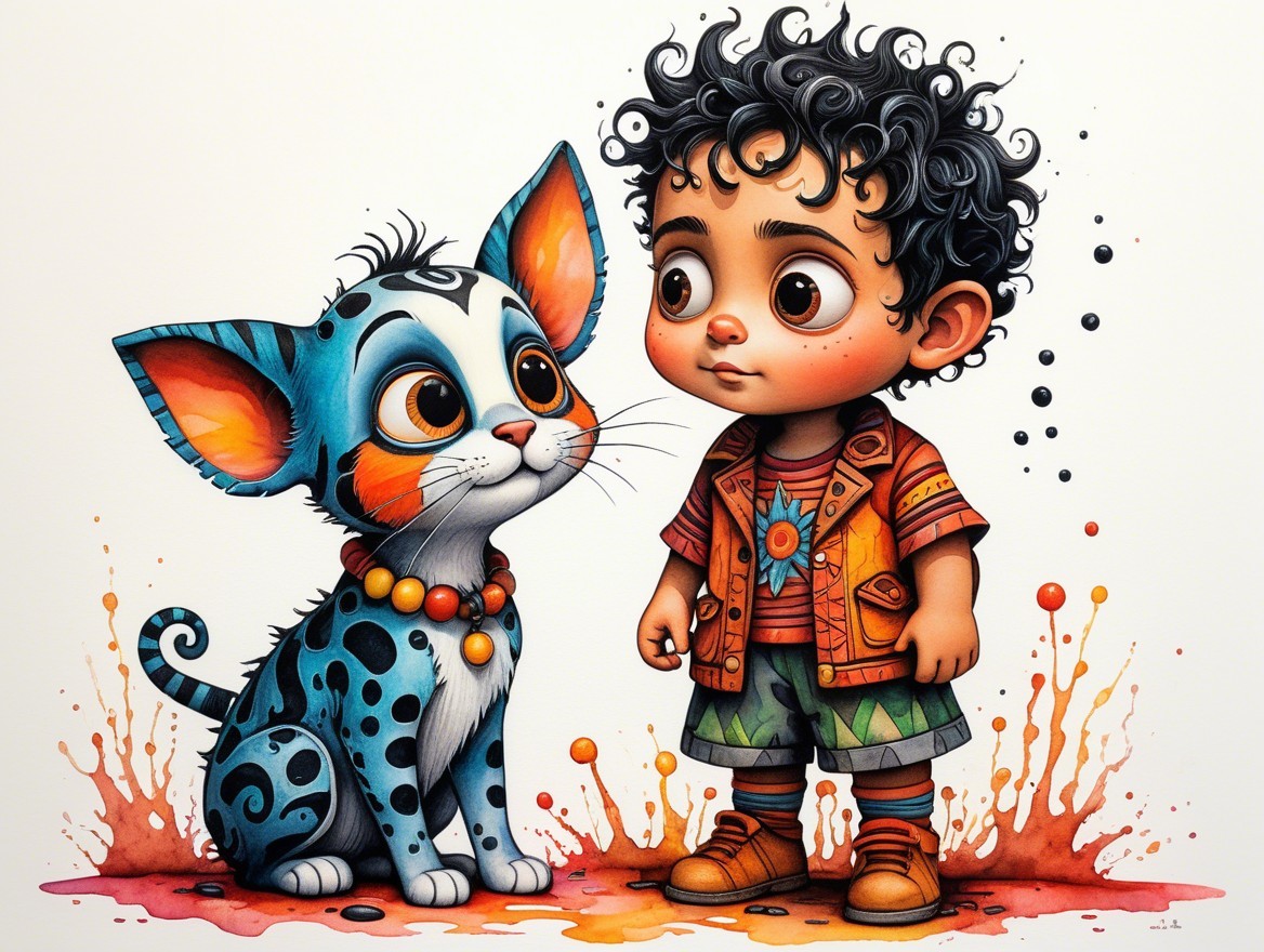 Watercolor Illustration of Cartoon Boy and Chihuahua Dog