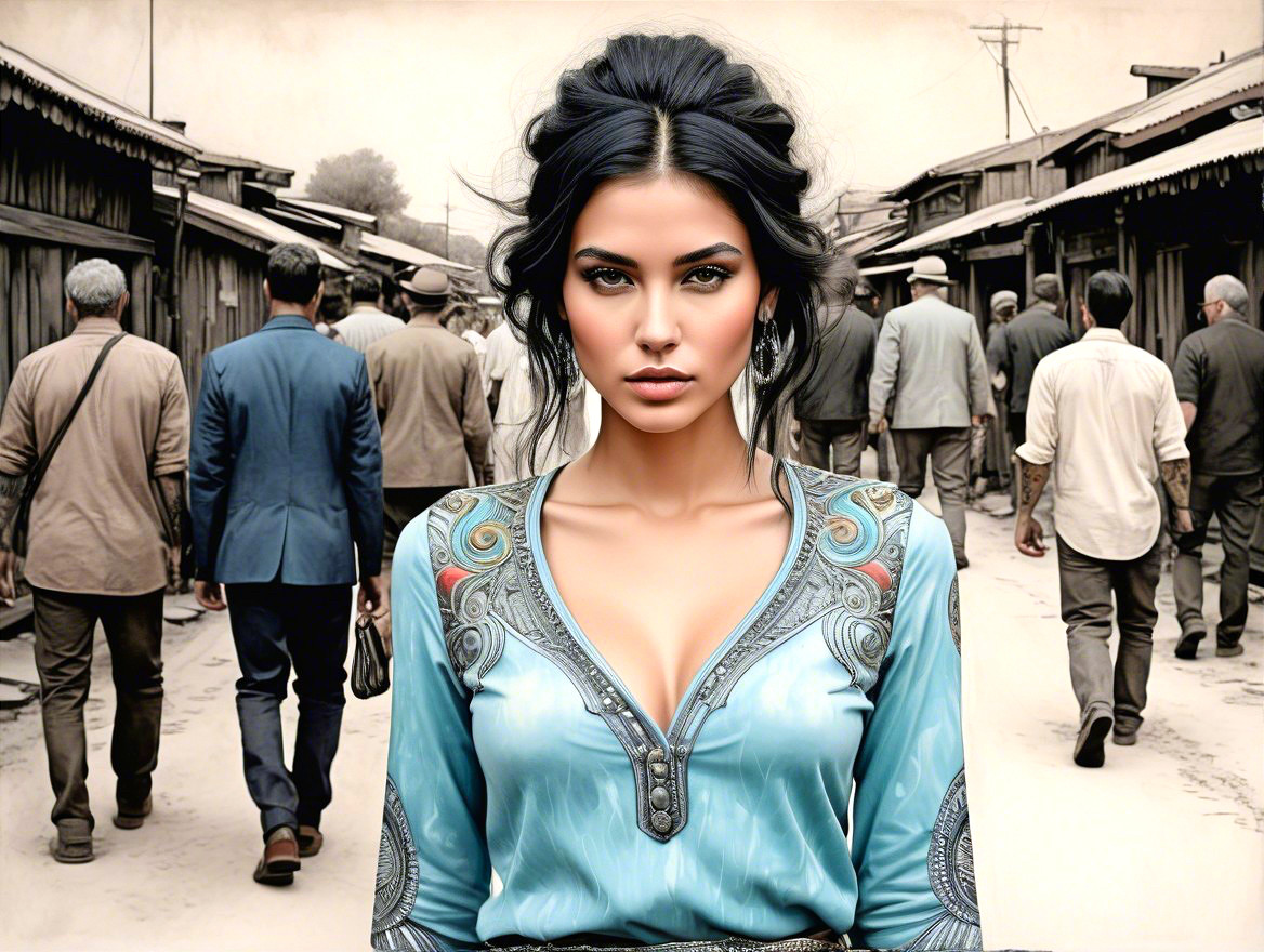 Young Woman in Blue Top Amidst Bustling Street Scene