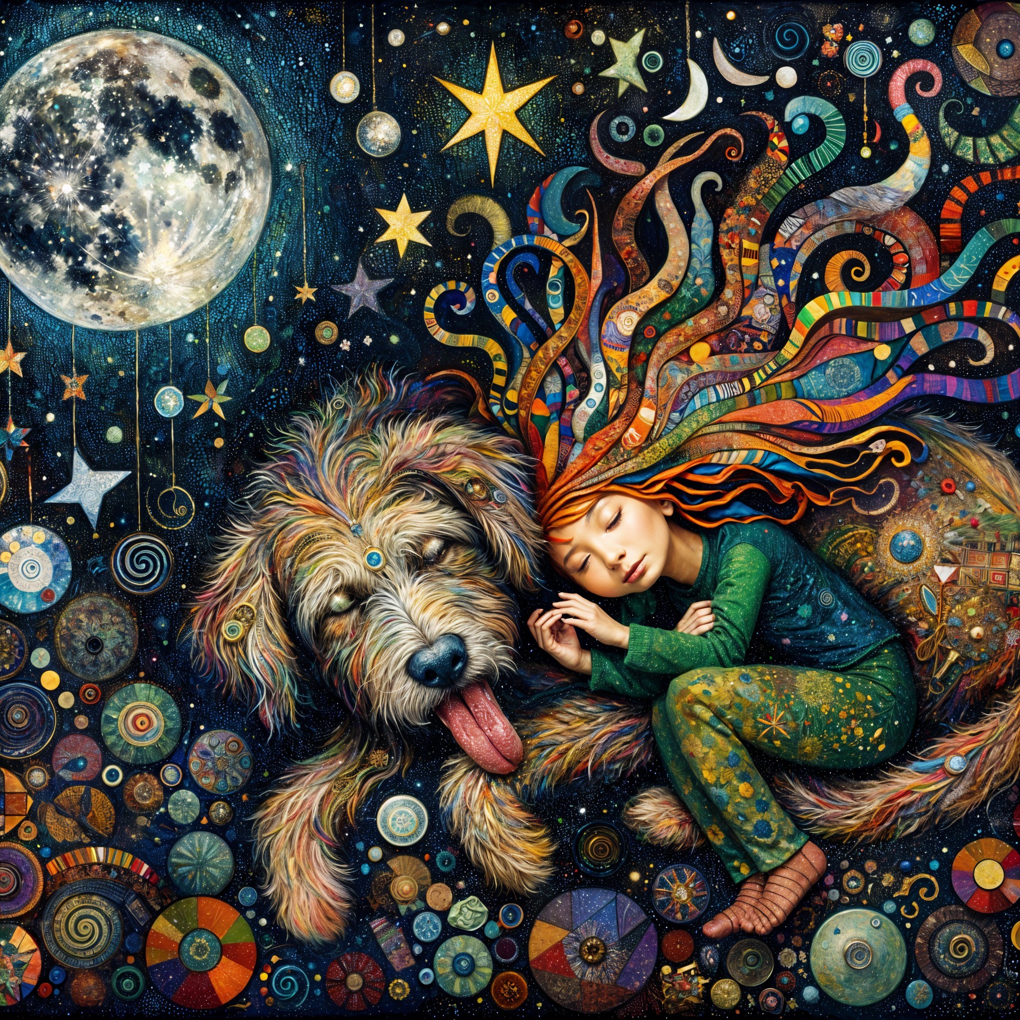 Dreamlike Scene of Child and Dog in Cosmic Patterns