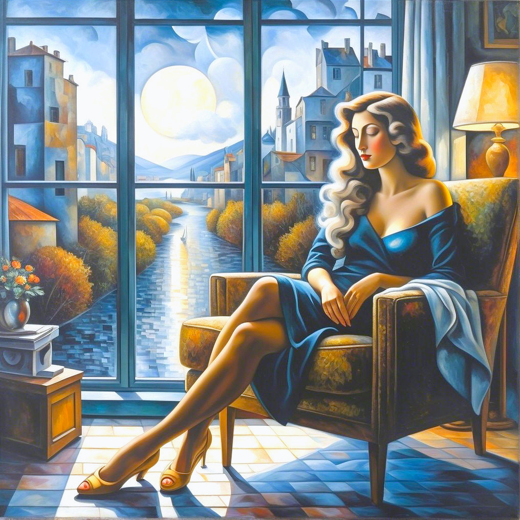 Elegant Woman in Armchair by Moonlit River Scene
