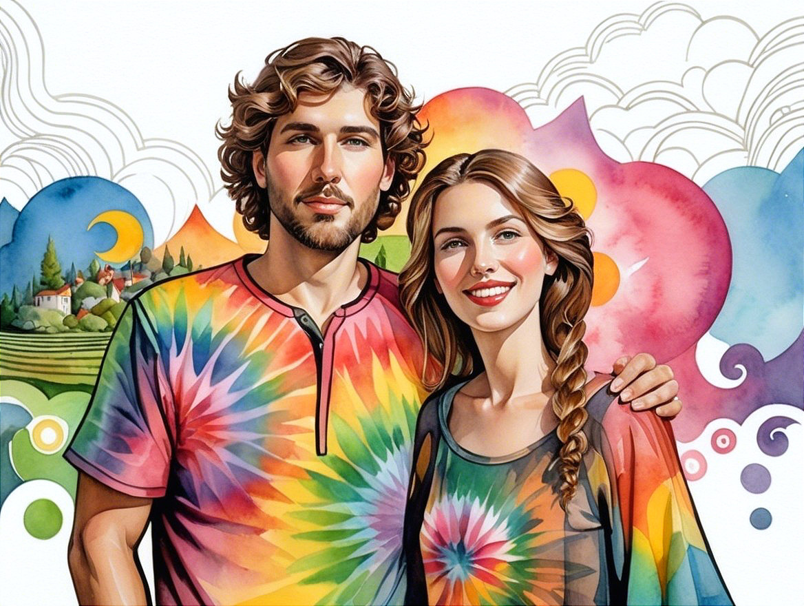 Vibrant Illustration of a Young Couple in Tie-Dye Shirts