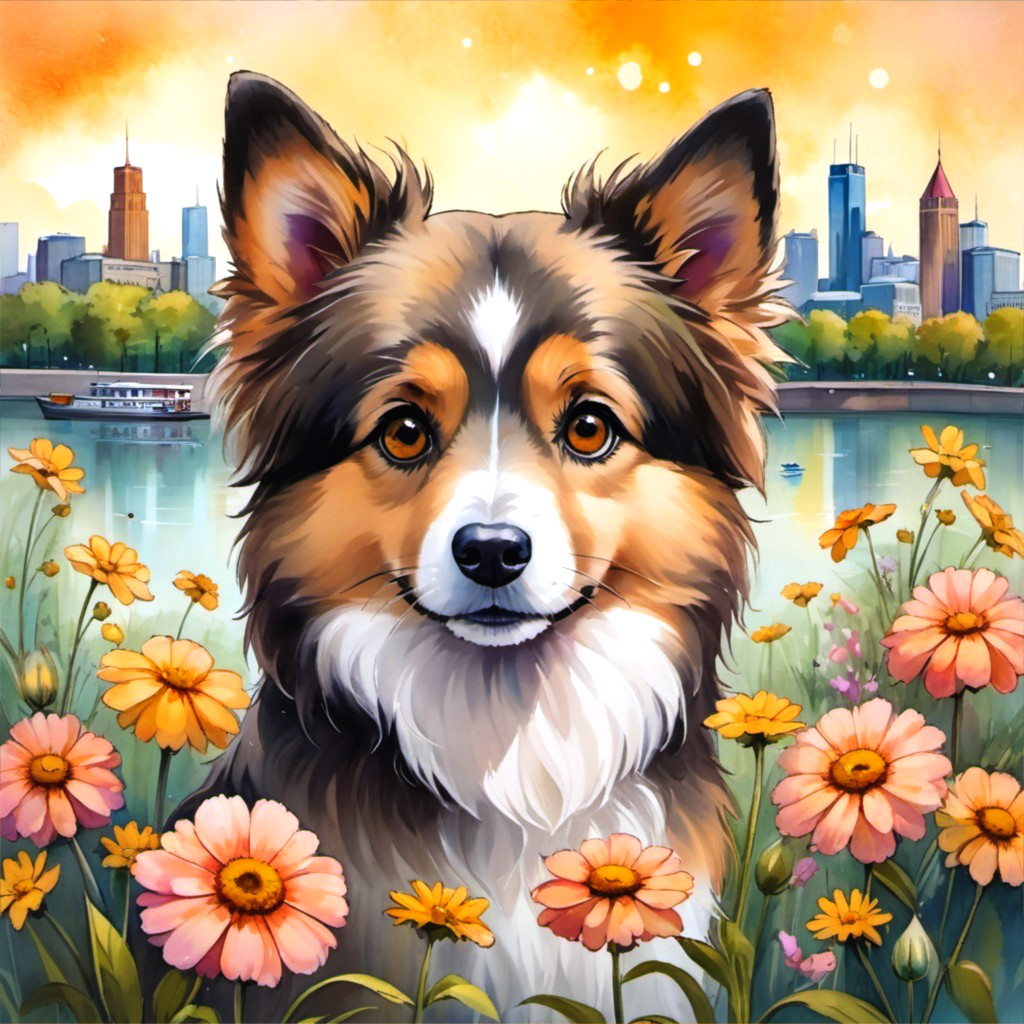 Fluffy Dog Illustration with Sunset and City Skyline