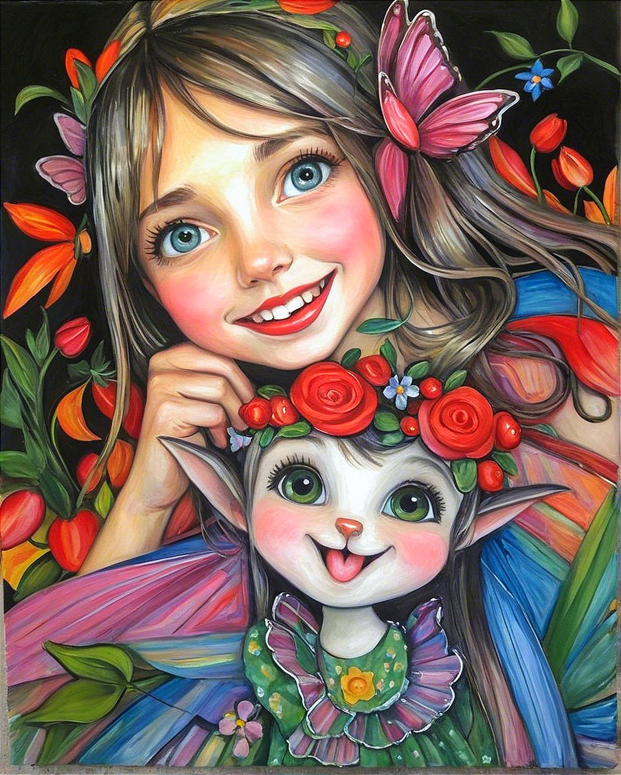 Colorful Painting of Joyful Girl with Fairy Creature