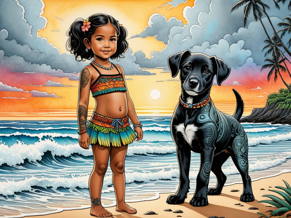 Young girl and dog on a colorful beach at sunset