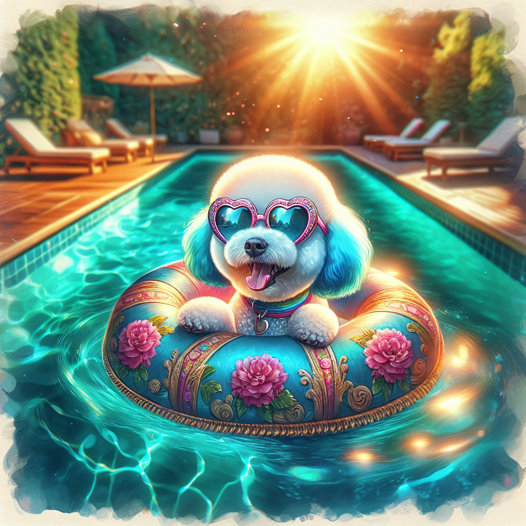 Cheerful dog on floral pool float in turquoise pool