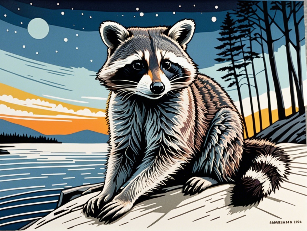 Raccoon by Lake at Sunset with Pine Tree Silhouettes