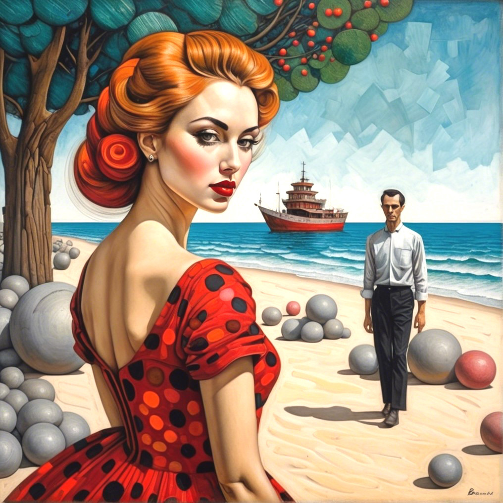 Vibrant Beach Scene with Woman in Red Polka-Dot Dress
