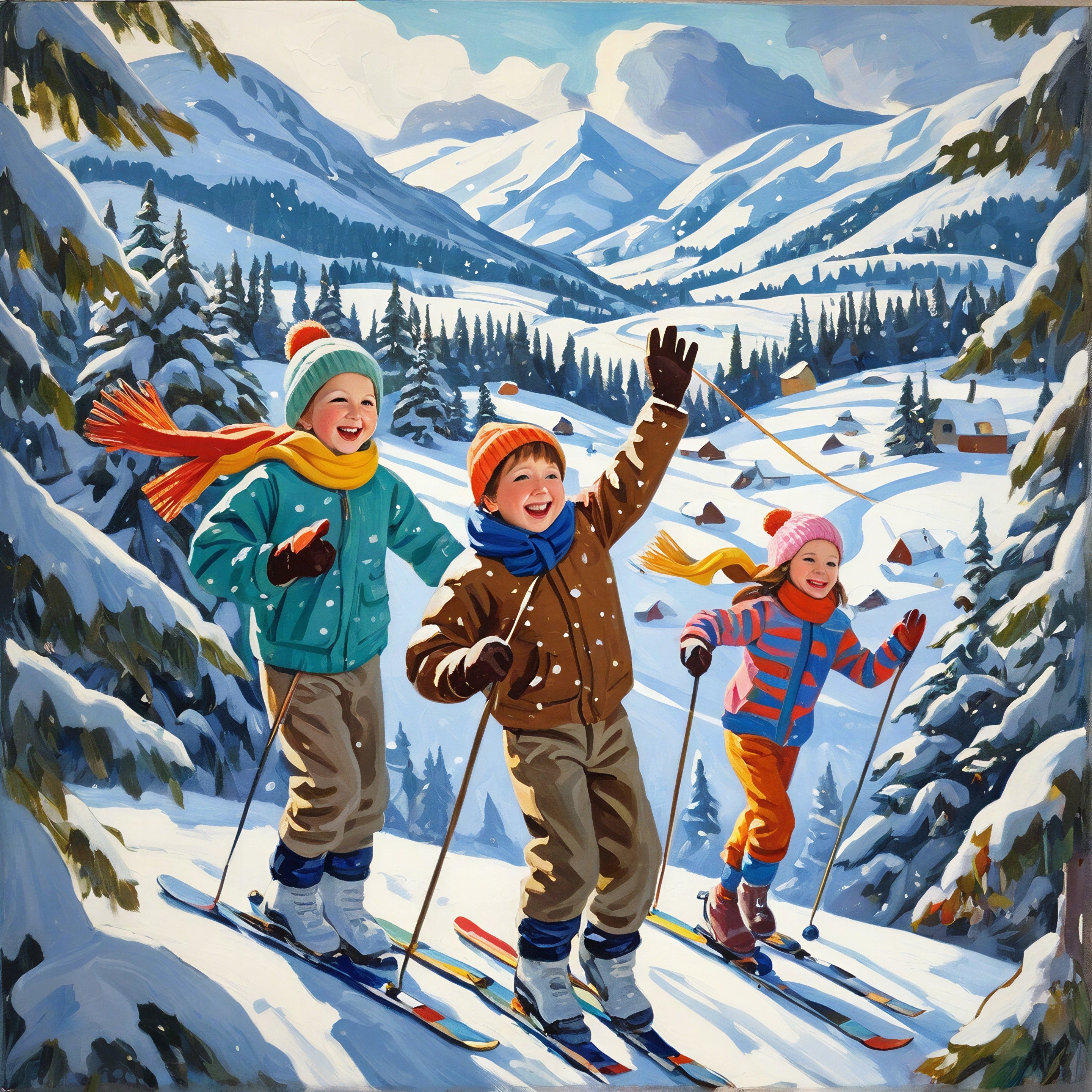 Children Skiing in a Snowy Winter Wonderland