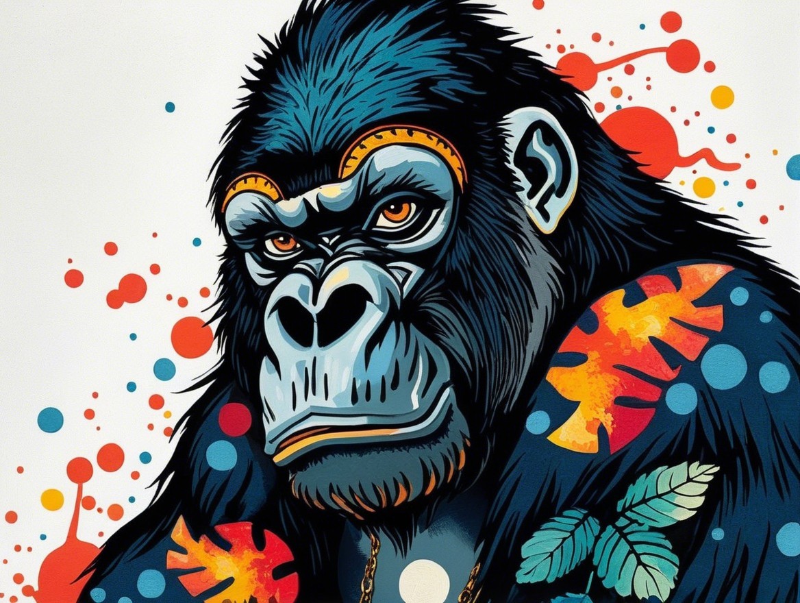 Gorilla Illustration with Vibrant Colors and Floral Pattern