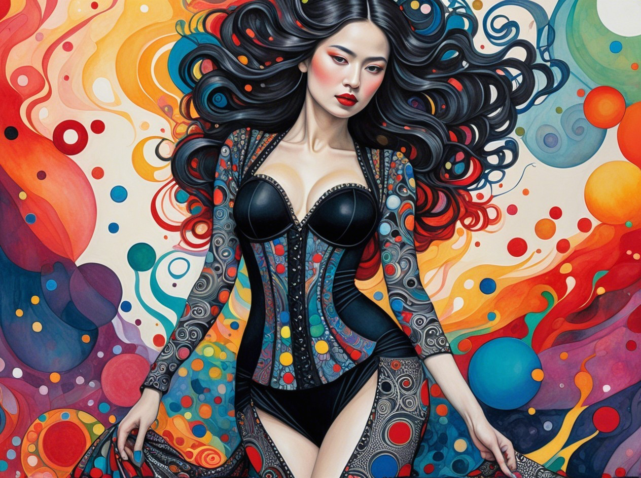 Woman in Vibrant Bodysuit Against Colorful Abstract Background