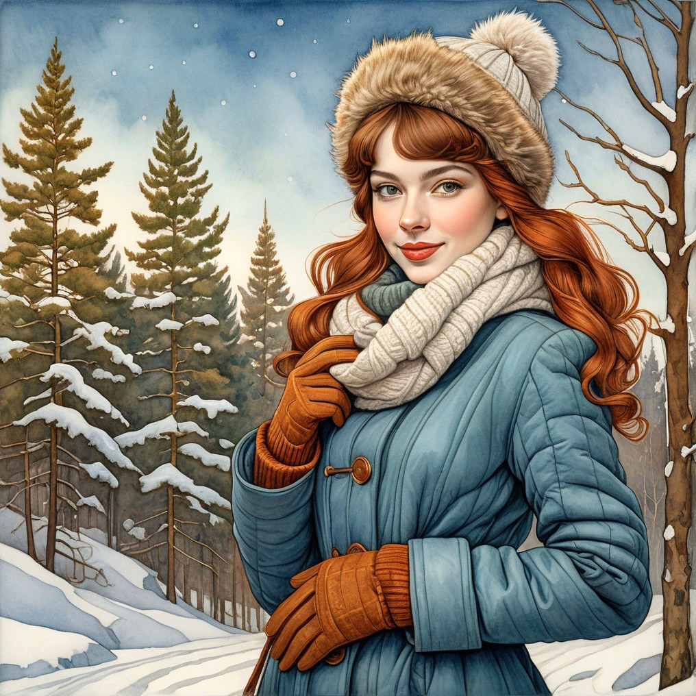 Young woman in teal coat in winter landscape