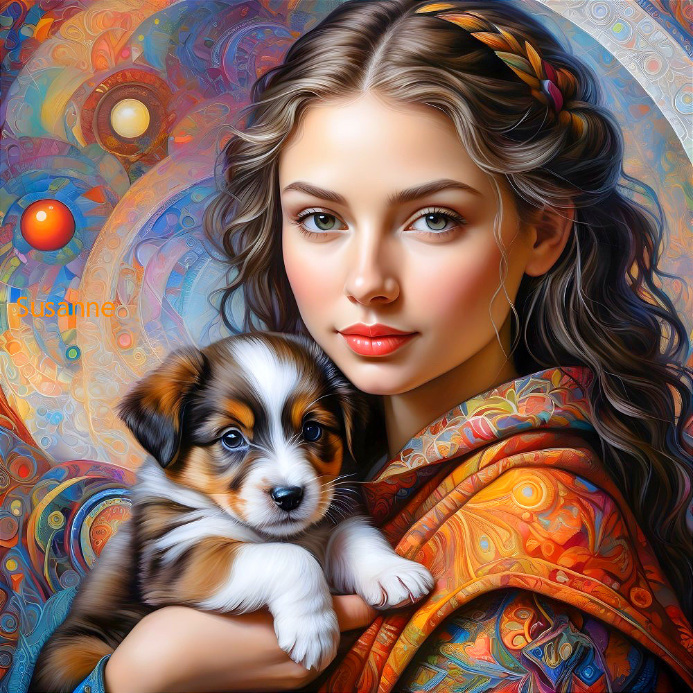 Young woman with blue eyes holding puppy in vibrant psychedelic background